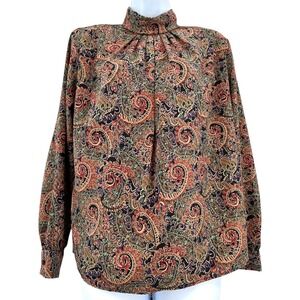 VTG Jessica Lynn Size 8 Paisley Pleated Mock Neck Blouse Long Buttoned Sleeves